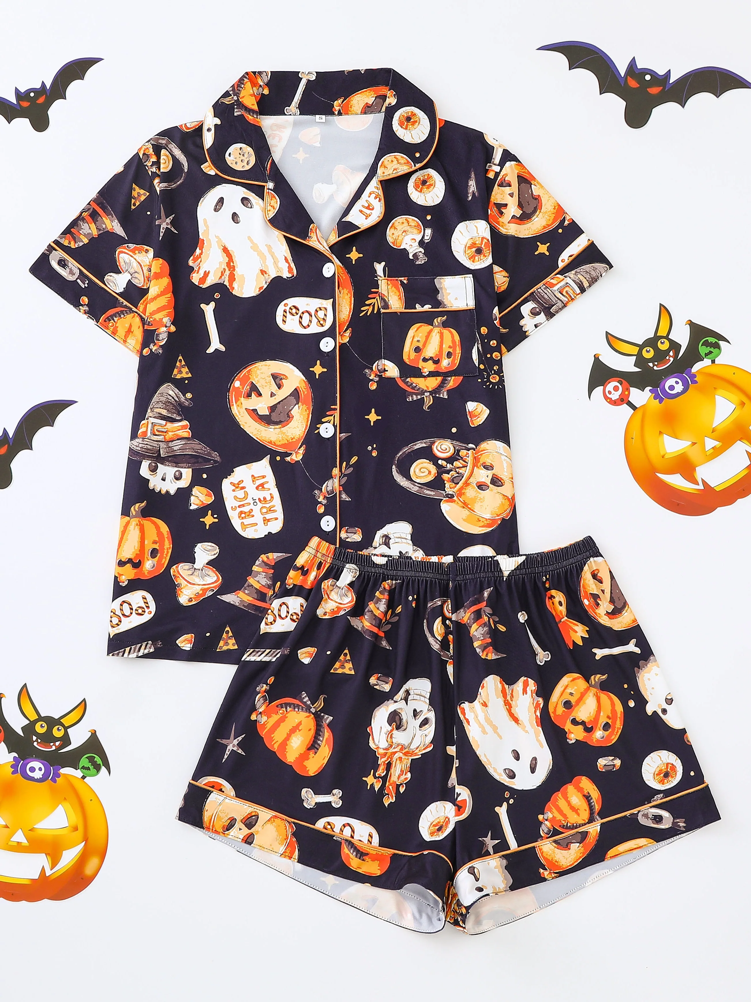 Halloween pumpkin bat print pajama set for women comfortable short-sleeved lapel top and baggy shorts loungewear for women