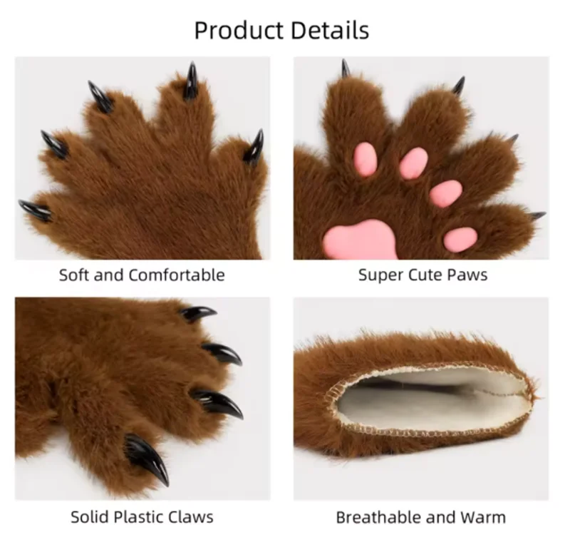 Furry Fur Cat Wolf Fox Dog Fluffy Animal Paws Claws Gloves Mittens Hands Costume Cosplay Halloween Christmas for Kids Props Gift