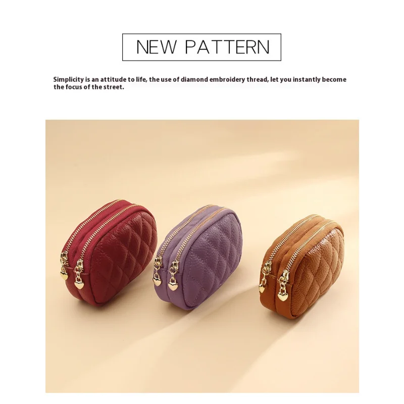 

New Leather Fashion Rhombus Ladies with Keychain Double Zipper Portable Mini Coin Bag