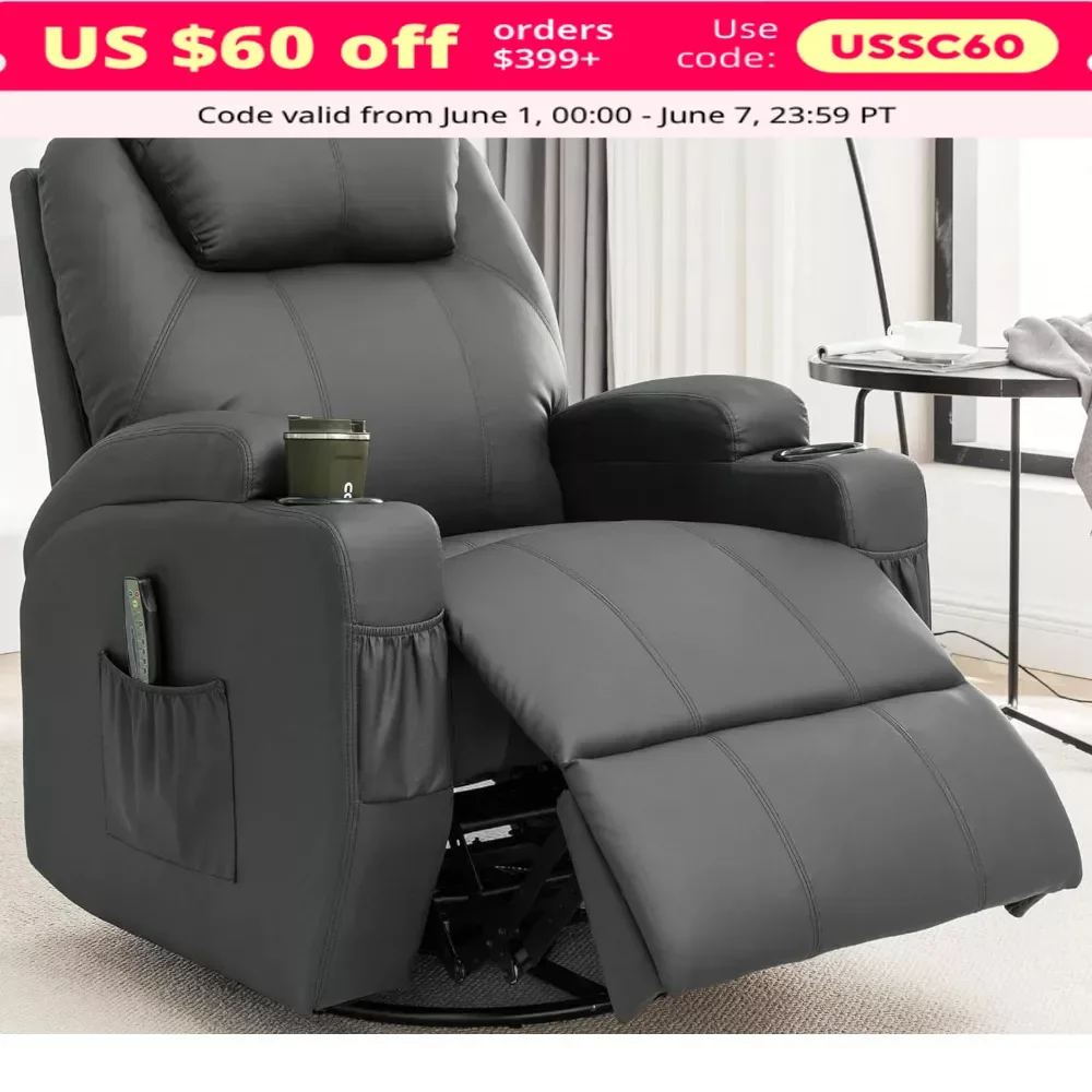 

Recliner Chair, Rocking Chair with Massage and Heat, Rocker Manual Recliner with Remote Control, 360° Swivel Recliner Chairs