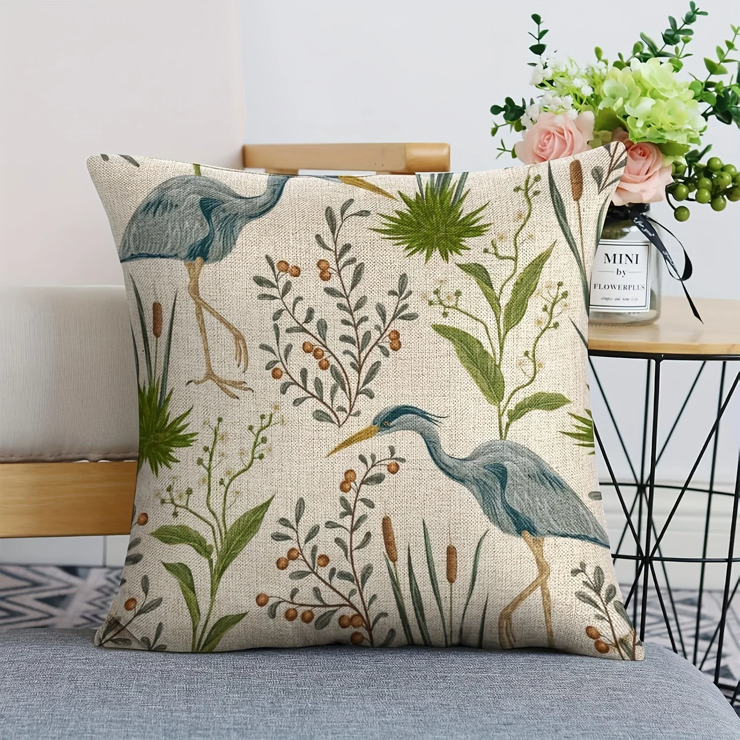 1pc Linen Pillowcase, Animal Heron Design, Home Decor Room Sofa Outdoor, Single-Sided Printing, Pillowcase Solely