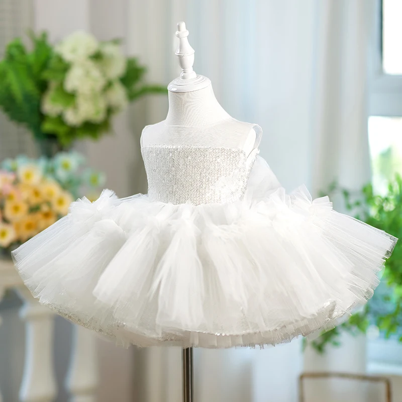 

Fashion White Puffy Yarn Cake Skirt New European and American Girls Sequin Small Dress One Year Party Birthday Banquet Clothing