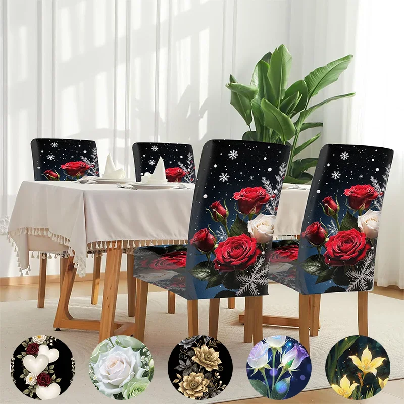 Stretch Dining Chair Cover Romantic Rose Bouquet Starry Sky Background Removable, Washable, Home Dining Chair Cover