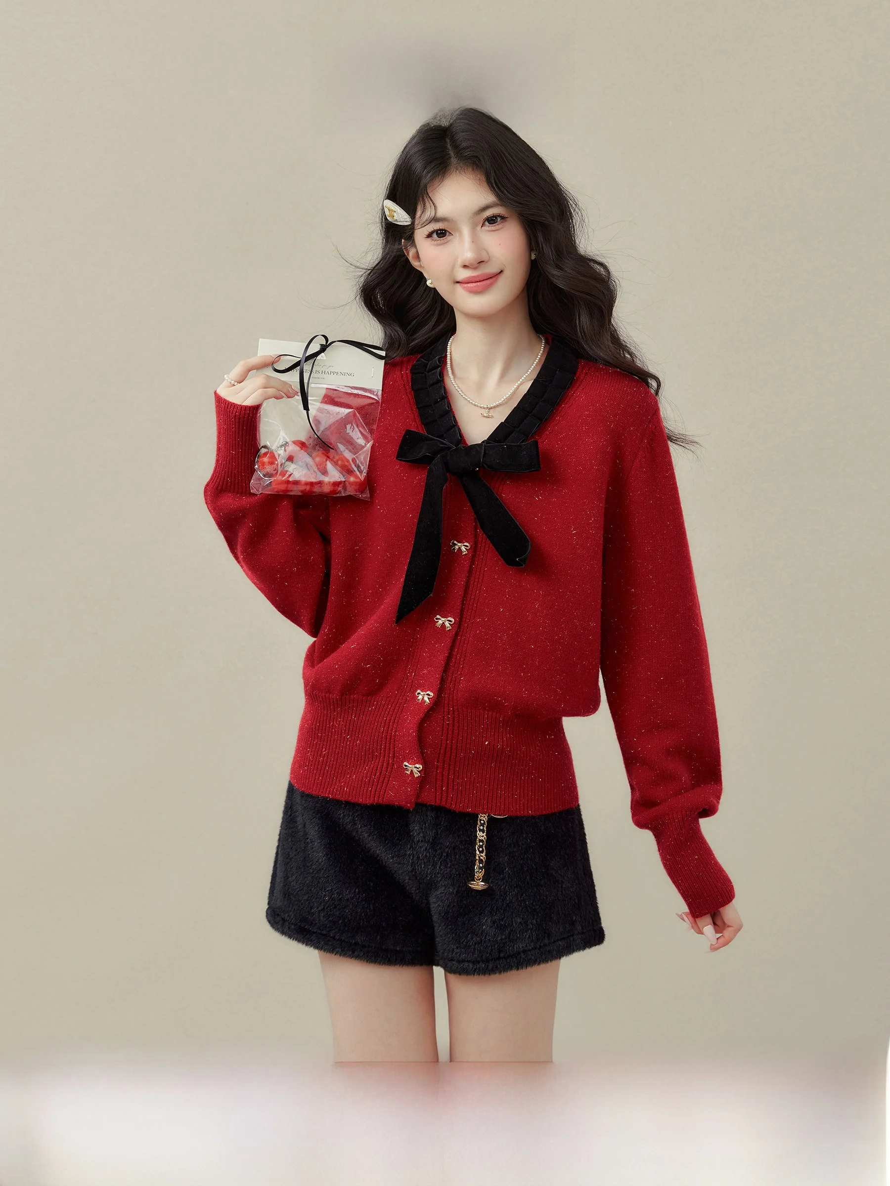 

Red Velvet Knot V-Ne Sweater Coat Women's Autumn Winter Open Cardigan Casual Sle Slim Fit Long Sve Girls