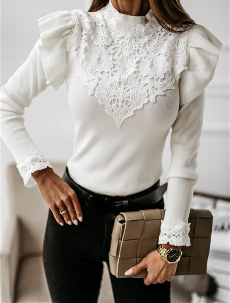 Long Sleeved Woman Bloues Fashion Round Neck Lace Bottom Shirt New Casual Skinny Pullover Tops Women Clothes 2024 Autumn Winter