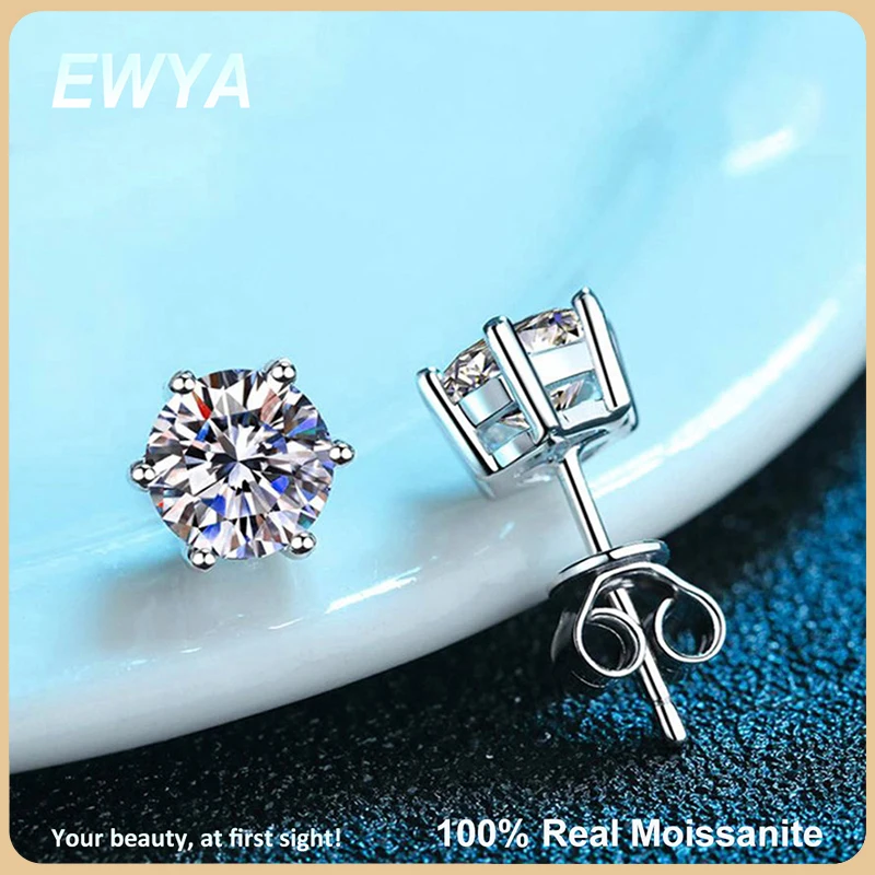 EWYA 100% 925 Sterling Silver Real 2 Carat Moissanite Diamond 6 Claws Stud Earrings For Women Party Fine Jewelry Christmas Gifts