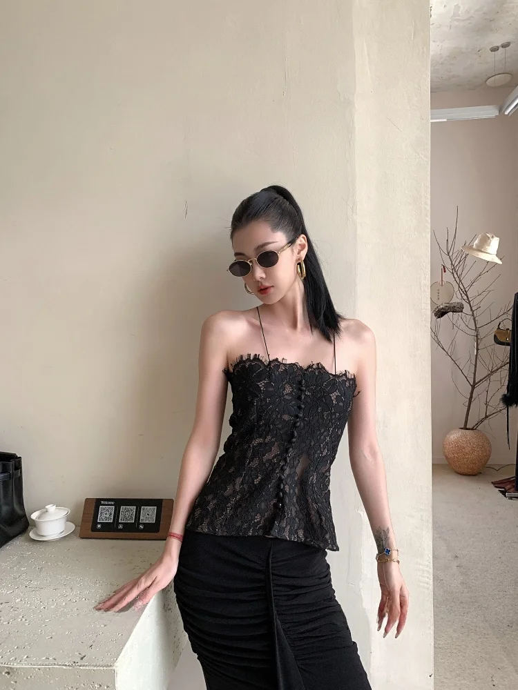 

Modern Sexy Lace Strap Vest Slimming Crop Top Women's Summer Faion Zipper Closure Color Cotton Blend Vest Tank Top