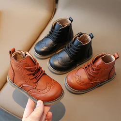 British Brogue Boots For Kids Boys School Leatherette Dress Shoes Baby Child Autumn Desert Booties with  Zippers and Rubber Sole