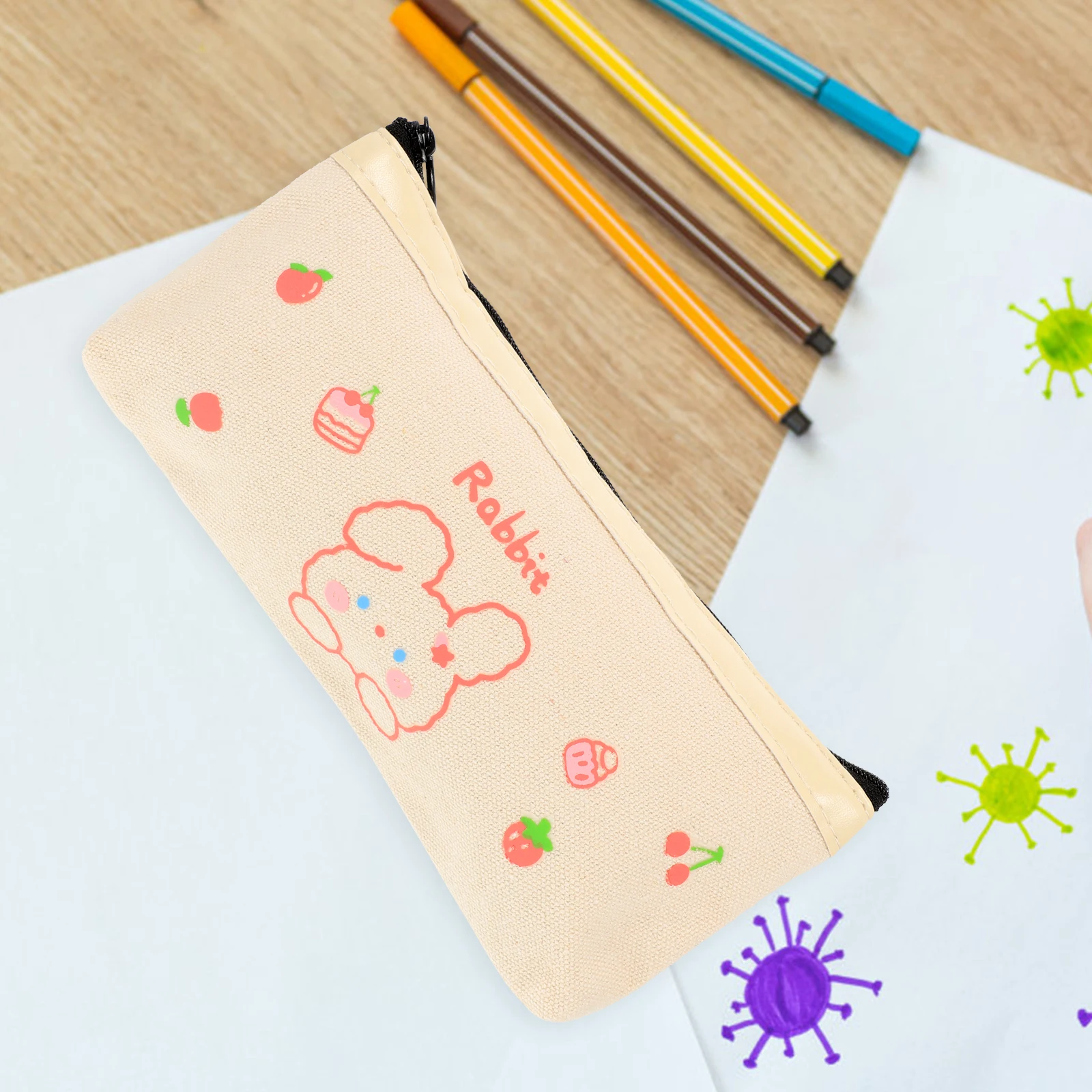 

Canvas Pencil Case Large Capacity Lightweight Portable School Office Supplies Zipper Storage Bag Lovely Pattern Kids Practical