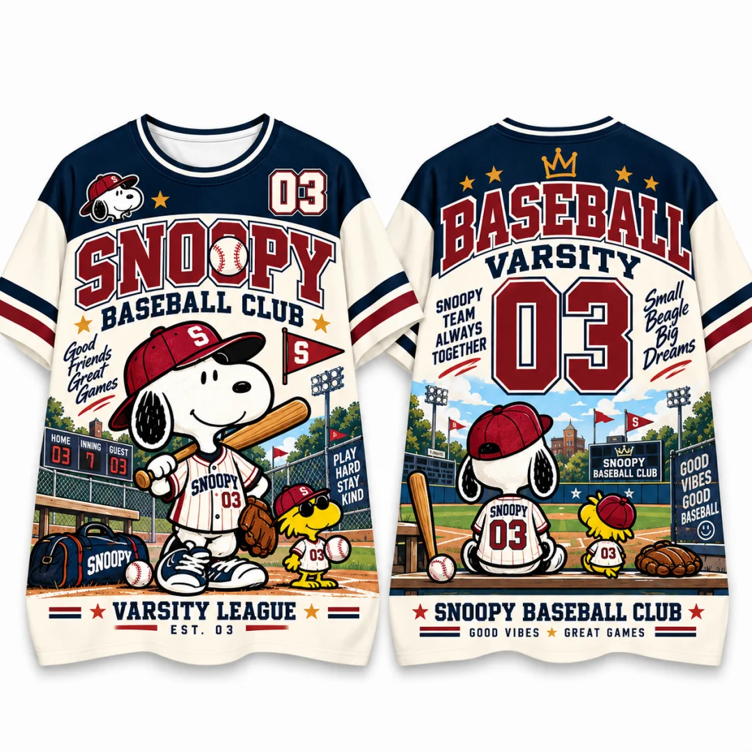 Snoopy Baseball Varsity Club All Over Print T-shirt Unisex Peanuts Woodstock Baseball Field Short Sleeve Graphic Jersey Kids Tee