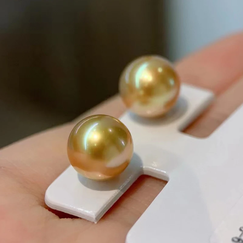 18k Solid Gold AAAA 8-9mm Round Natural South Sea Golden Real Natural Pearl Earring Silver 925 Best Gift For Girls Nice Look