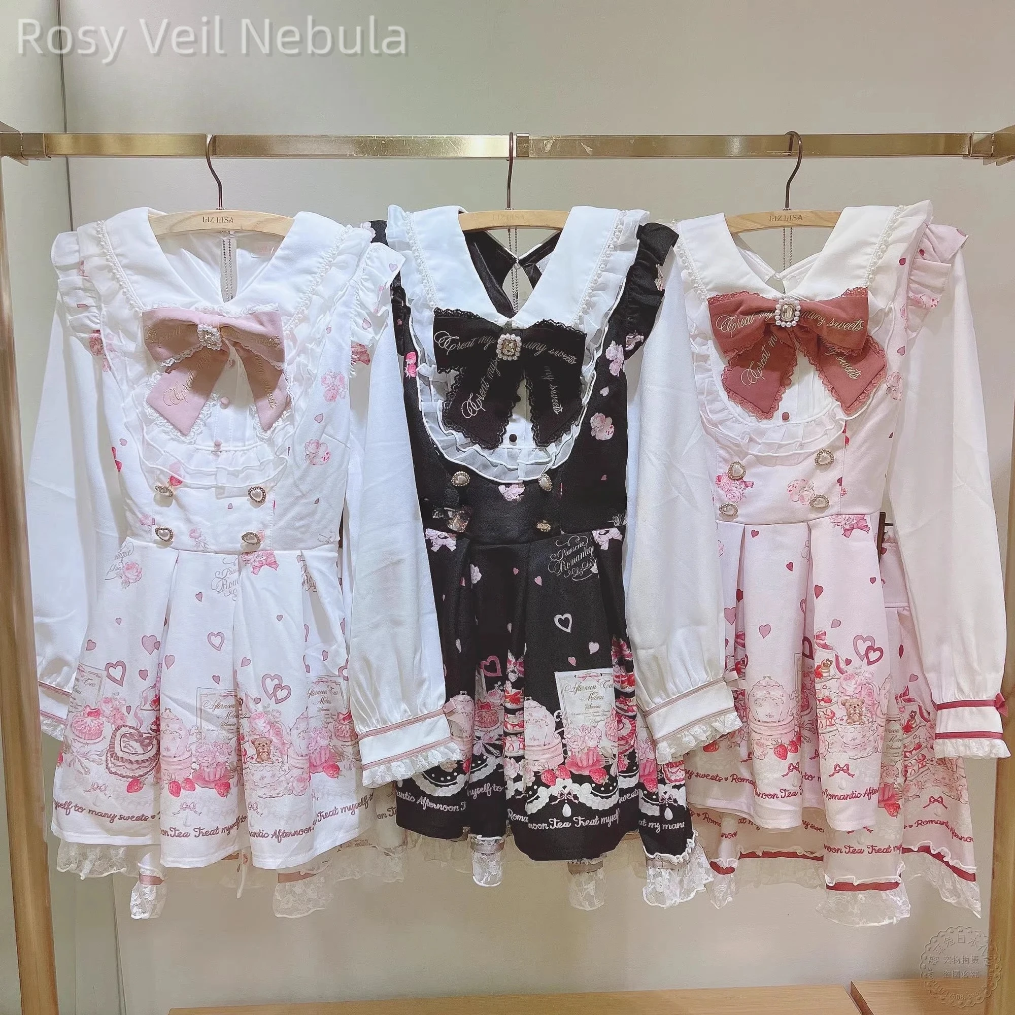 طقم فستان ليز 2025 ربيع جديد لطيف دمية طوق كم طويل مطبوعة الكشكشة مطوي فستان + تنورة قصيرة الزي نمط الشاي بعد الظهر #1