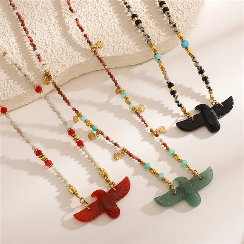 

Retro Ethnic style titanium steel beaded necklace small eagle pendant women's fashion luxury accessories