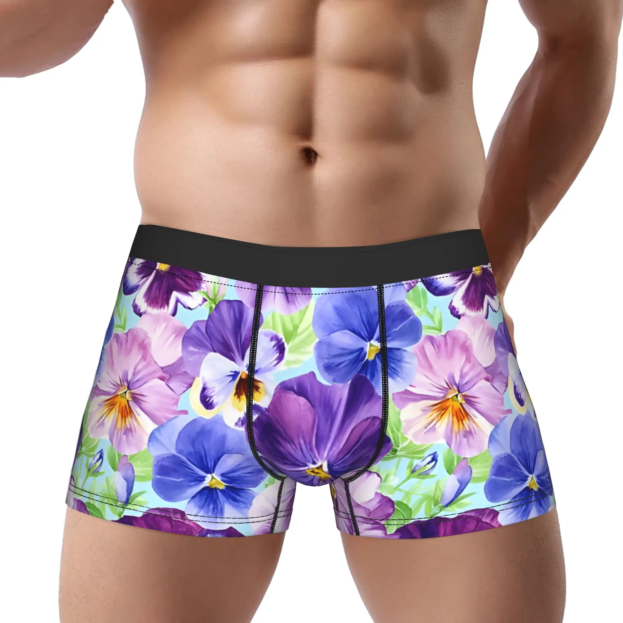 

1piece Vintage Mixed Watercolor Vibrant Blue Purple Pansy Flowers Underpants Breathbale Panties Man Underwear Print Shorts