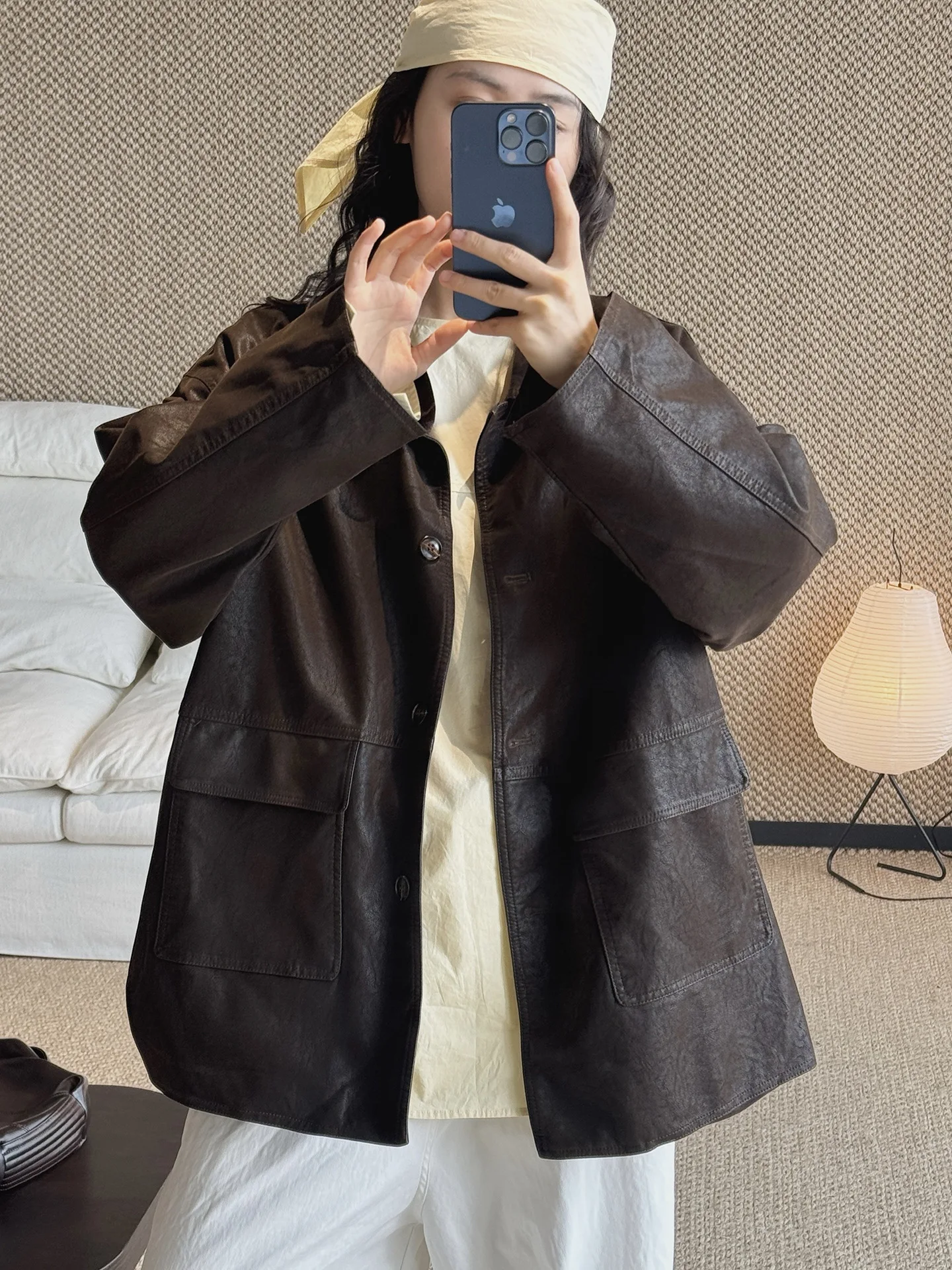 Early spring new Korean retro fashionable matte texture PU lapel jacket with loose silhouette for women