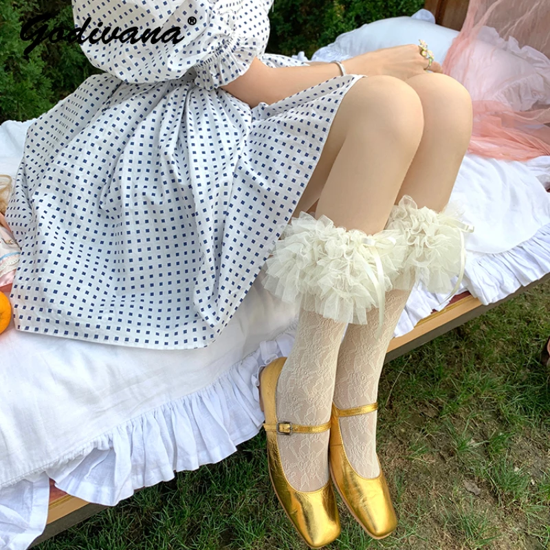 

New French Style Romantic Mesh Lace Pleated Cotton Socks Fashion Stockings Student Female Summer Tube Socks