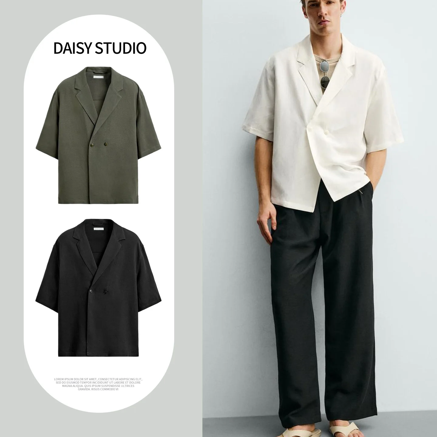 

New Summer Men's Loose Fit Shirt with Pleat Design Short Sleeve Double Button V-Neck Casual Style Polyester Fiber Shirt