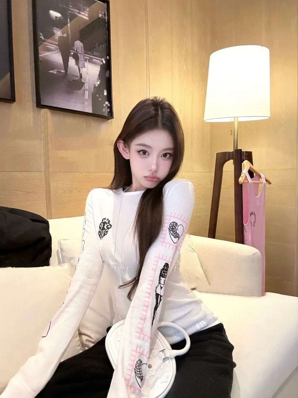 

New 26Ss Slim Fit Long Sleeve T-Shirt Beautiful Sexy Girl Style Letter Print Base Top Cotton Breathable Comfortable