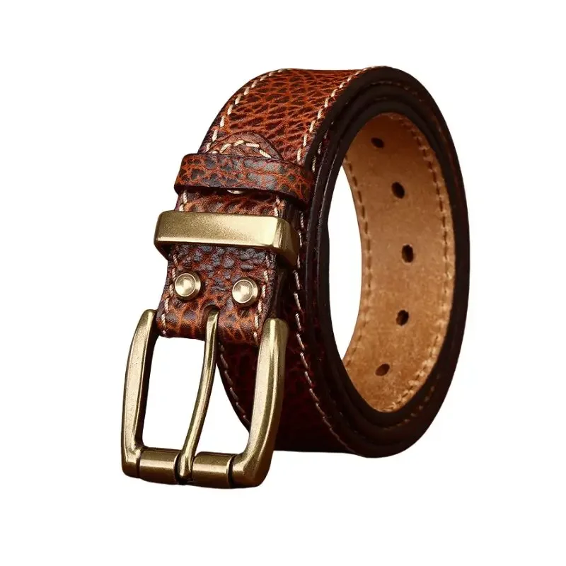 

5mm Thickness Rough Embossed Bison Leather Belt Full Grain, Men's Rugged Hard Style Jeans Fashion Belt 38mm Width