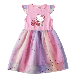 MINISO Hello Kitty Summer Kids Dresses for Girls Cartoon Short Sleeve Princess Dress Children's Prom Mesh Dresses