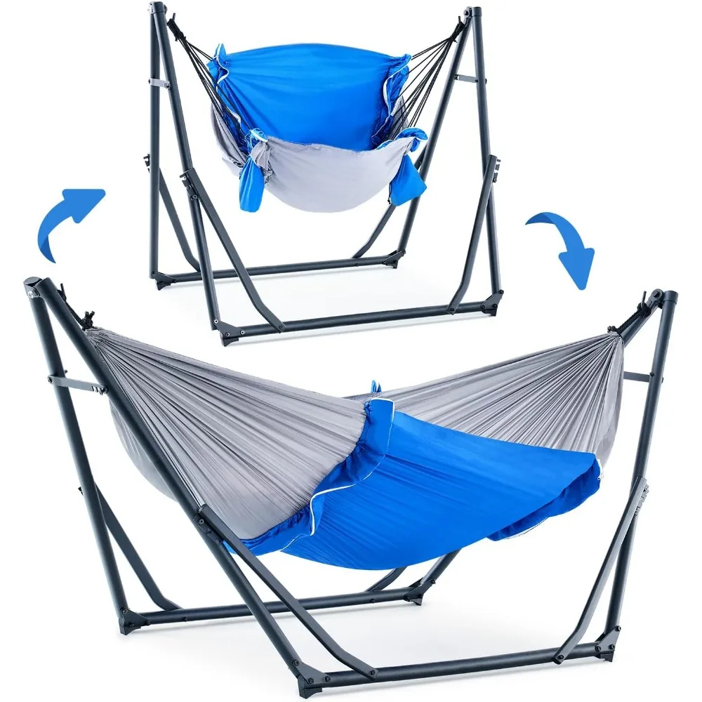 

2 in 1 Hammock Chair with Foldable Steel Stand and Carry Bag, 30 Seconds Assembly for Outdoor Indoor Patio RV Camping, Blue Gray