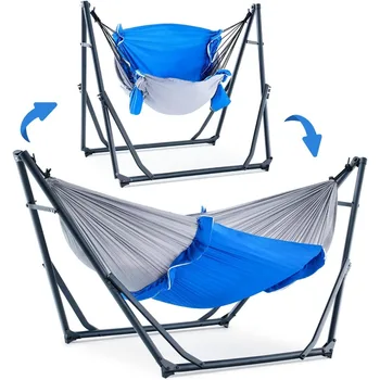 2 in 1 Hammock Chair with Foldable Steel Stand and Carry Bag, 30 Seconds Assembly for Outdoor Indoor Patio RV Camping, Blue Gray