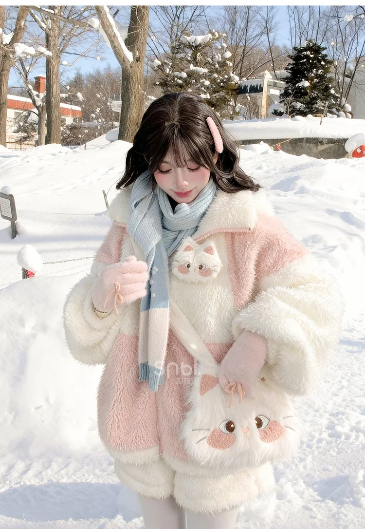 2025 Winter Warm Thickened Plush Coat Student Kawaii Y2K Faux Fur Hooded Jackets Cute Girl's Cat Ear Fur Outerwera for Women