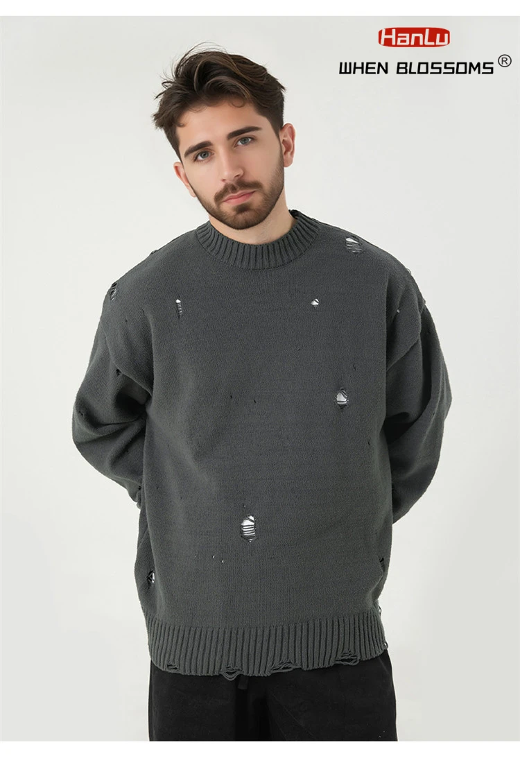 HANLU 2025 Spring Fashion New Vintage Loose Hole Breaking Design Sweaters Solid Knitted Jumper Men  Hip Hop Oversized Pullover
