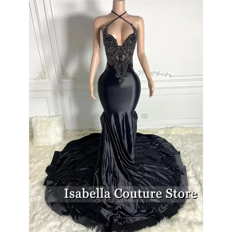 

Halter Luxury Long South African Prom Dresses For Black Girls Mermaid See Through Crystals Sexy Nigeria Evening Dresses Gown