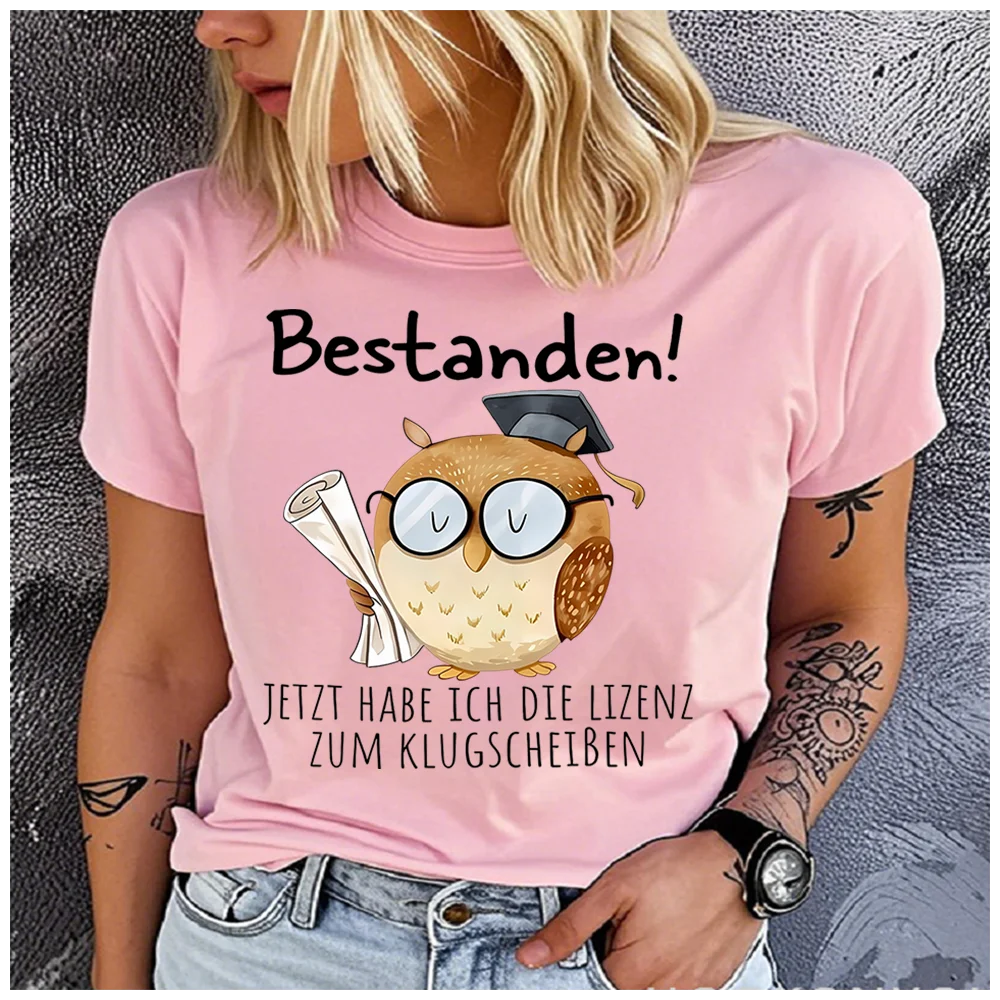 Cotton 100% Women Graduation Owl Print T Shirt German Quote Graphic Round Neck Short Sleeve Casual Summer Ladies Gift Tees