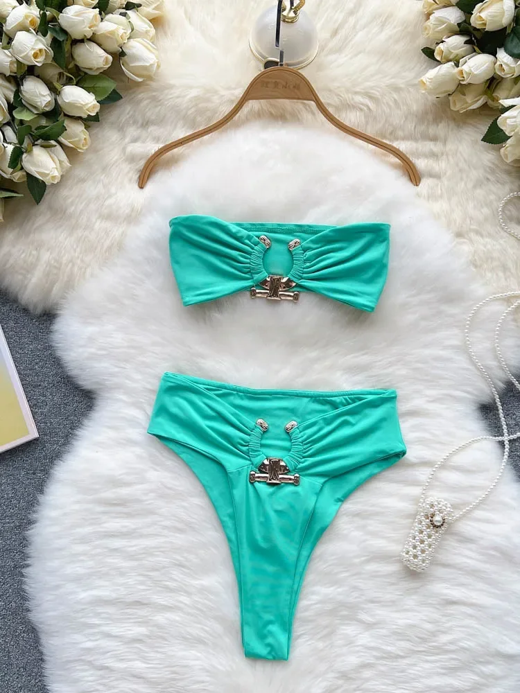 ssTss Women Bikini Sets 2024 New Summer Solid Strapless Crop Top And High Waist Bottom Swimwear Suits Beachwear Bathing Suit