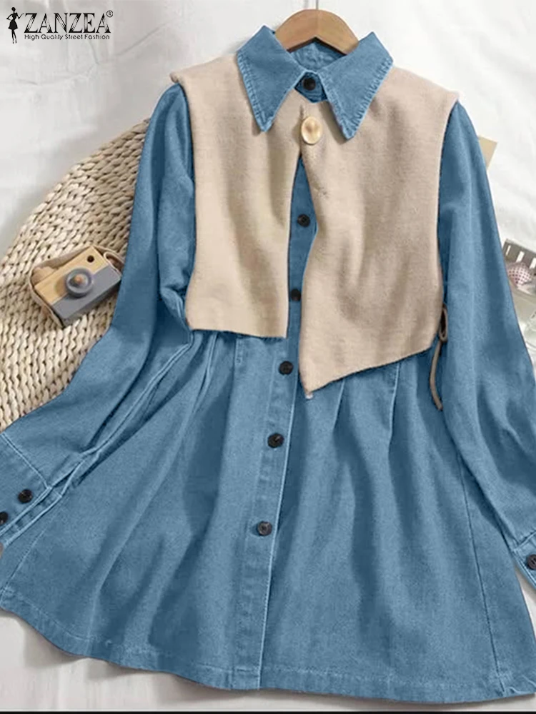 

ZANZEA Women Fashion Shirts Vintage Denim Fake 2 Piece Tops Autumn Long Sleeve Patchwork Casual Loose Office Blusas Femininas
