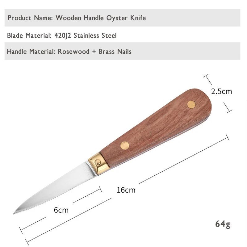 Wooden Handle Oyster Knife 420 Stainless Steel Oyster Knife Scallop Knife Shell Opening Tools Rosewood & Brass Nail Handle