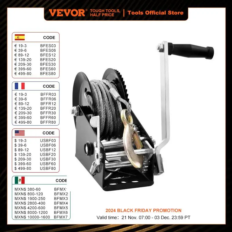 VEVOR Hand Winch Heavy Duty Rope Crank with 33 ft Steel Wire Cable and Two-Way Ratchet for Trailer Boat or ATV Towing