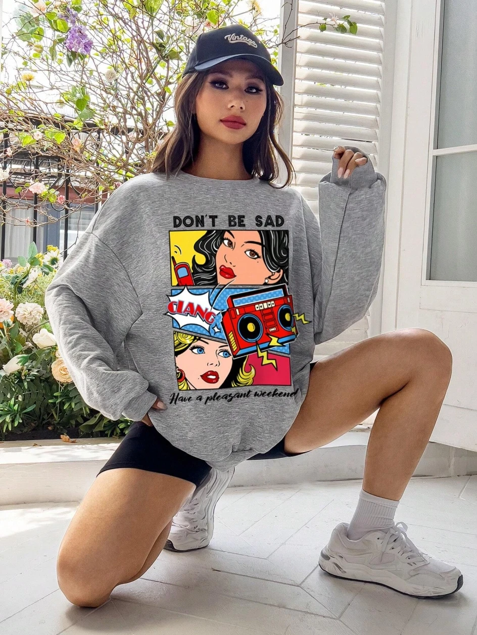 Cartoon Beauty Printing Sweatshirts For Womens Casual Comfortable Crewneck Hoodies Loose Fleece Warm Sportswear Clothes