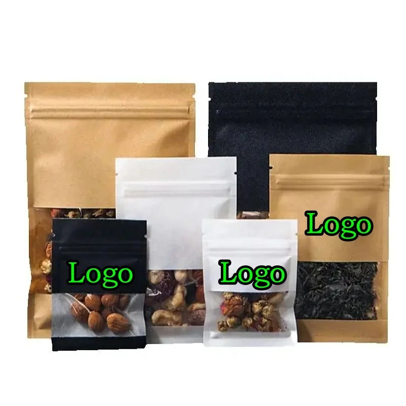 

300PCS Kraft/White/Black Paper Window Packaging Bag DIY Logo Matcha Snack Sugar Spice Coffee Beans Cocoa Gift Storage Pouches