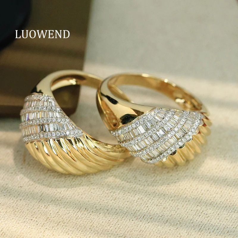 LUOWEND 100% 18K Yellow Gold Earrings Vintage Style Real Natural Diamond Hoop Earrings&Ring for Women High Party Jewelry Set