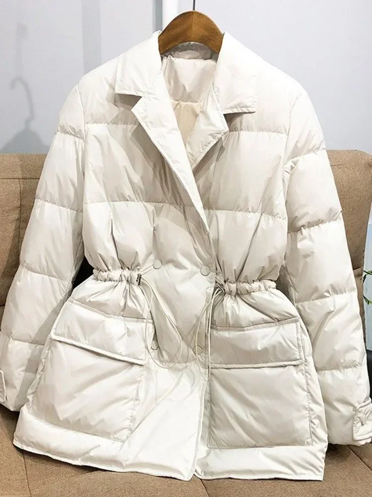 Kmetram Winter Women White Duck Down Coat Female Notched Collar Double Breasted Coat Casual Lady Drawstring Puffer Outwear