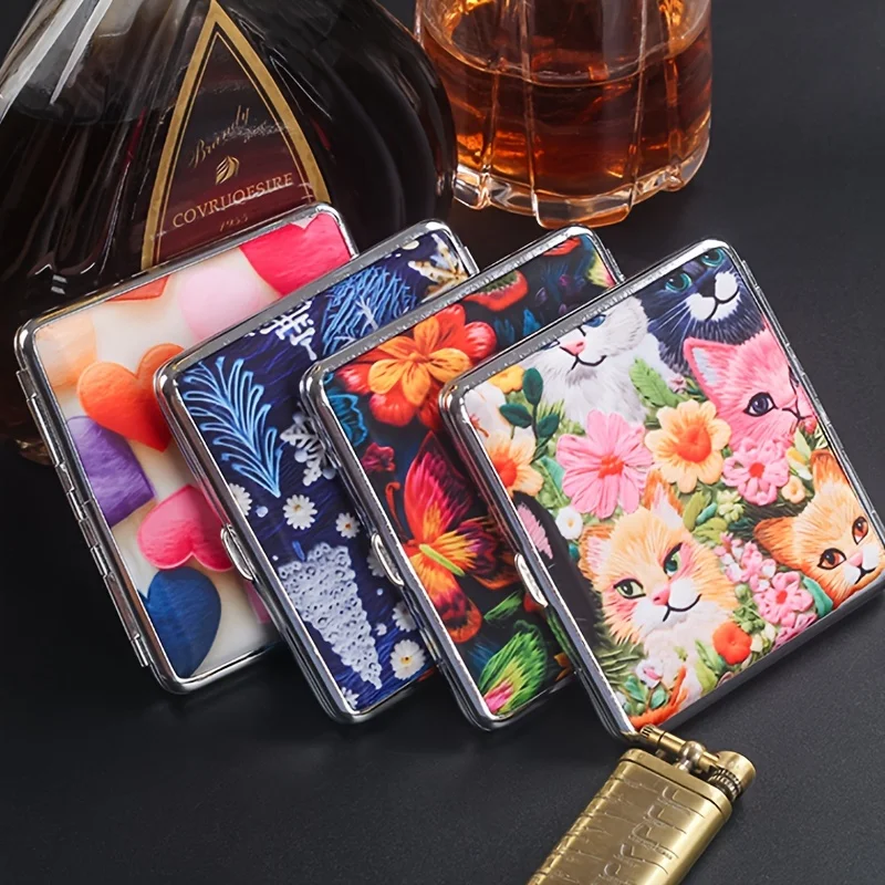 1PC 98mm Cigarette Case for 20 Cigarettes – Graffiti Print with Cats & Hearts, Waterproof Holder with Elastic Band, Holiday Gift