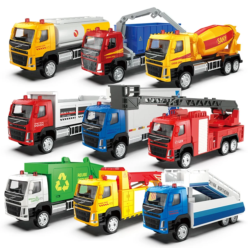 1/72 Volvo Engineering Fire Engine Dump Mixer Garbage Truck Toy Car Model Diecast Vehicle Miniature Pull Back Collection Gift