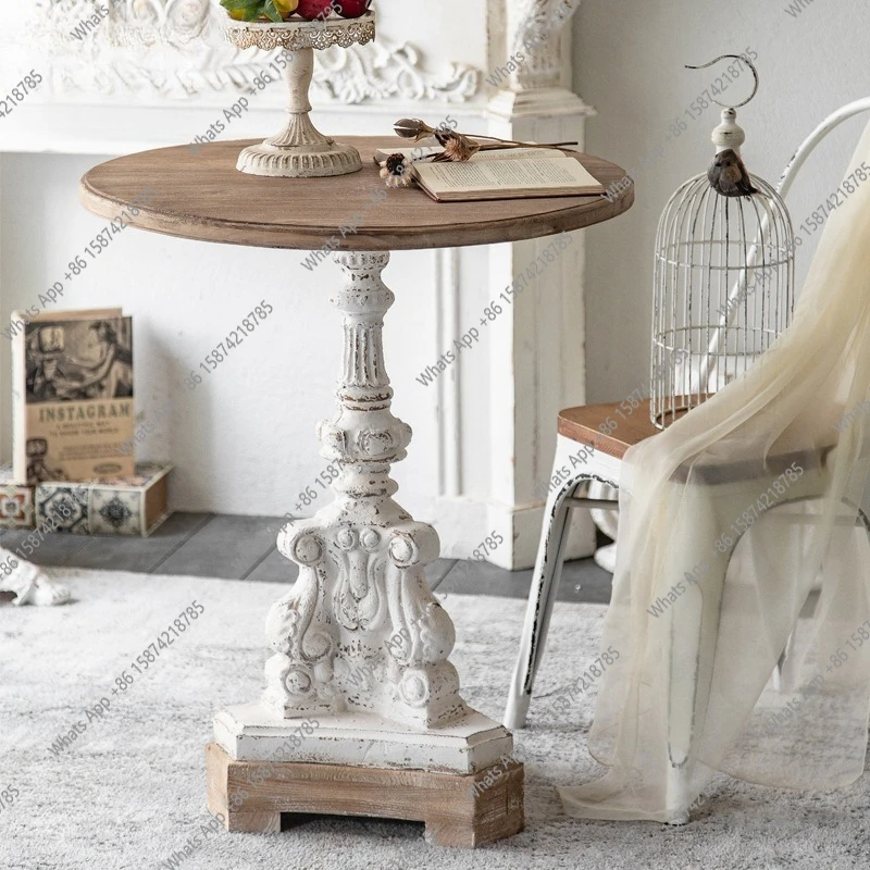 

Французский ретро светлый роскошный резной маленький круглый стол балкон старый журнальный столик из цельного дерева кафе украшение стол свадьба