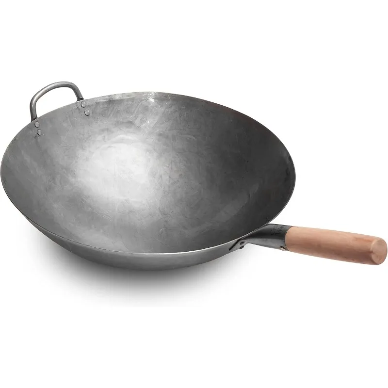 

Big 16 Inch Heavy Hand Hammered Carbon Steel Pow Wok with Wooden and Steel Helper Handle (Round Bottom) / 731W138