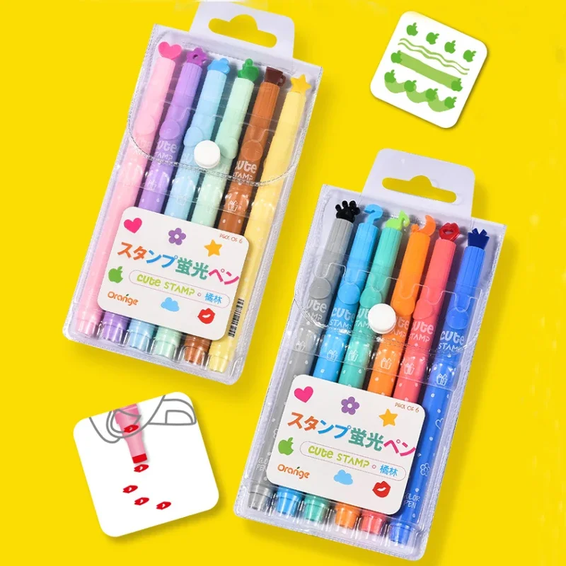 6Pc Kawaii Candy Color Highlighters Inks Stamp Pen Creative Marker Pens School Student Children Supplies Stationery Gifts