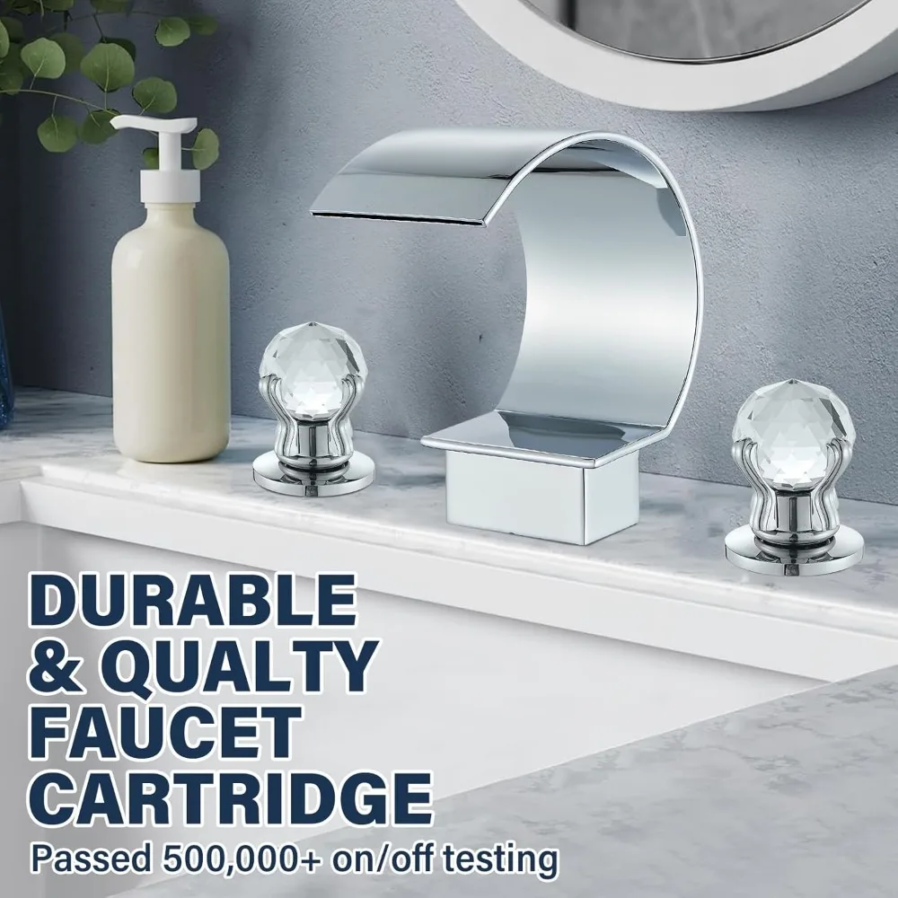 Chrome 3-Hole 8-Inch Widespread Bathroom Sink Faucet with Crystal Handles, High Arc Design for 8-Inch Vanity Basin Mixer Tap