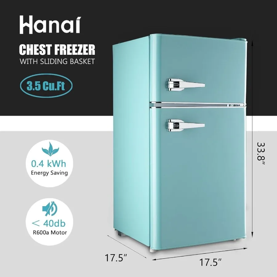 Compact Refrigerator 3.5 Cu.Ft Retro Mini Fridge with Freezer Dual Door Small Refrigerator with 7 TEMP Modes LED Lights Removab