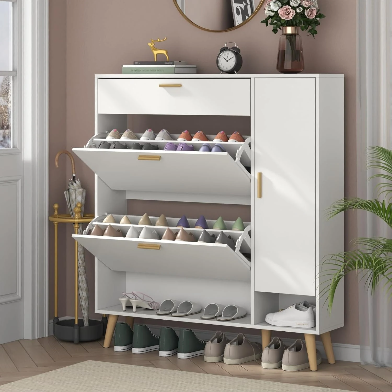 

xx-Modern Wood Shoe Cabinet with 3 Flip Drawers Storage Bottom Open Shelf Wood Shoe Rack Door Inner Shelves for Living Room*