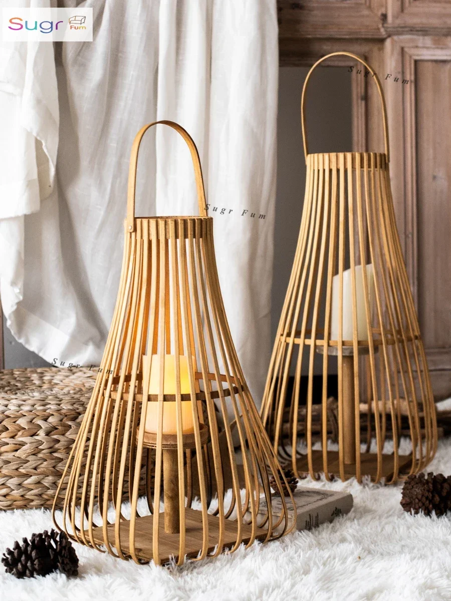 

JK Mu Space бамбуковый ротанговый ветровой фонарь от пола до пола, китайский ретро-фонарь, модель для проживания в семье, украшение для двора отеля, свеча