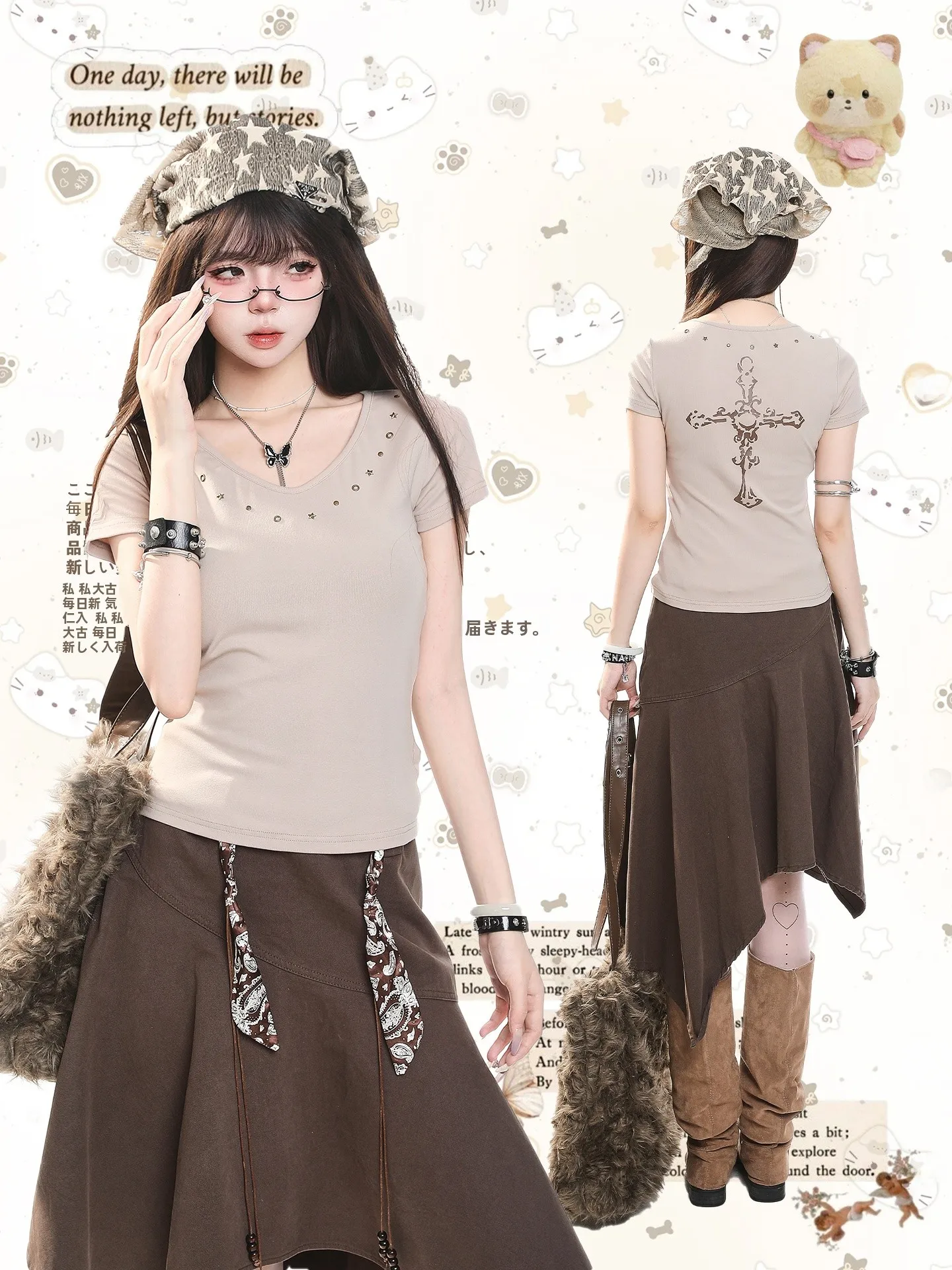 

Retro American Rivet Decoration Short Sleeve T-Shirt Women's Slimming Summer Top Fashionable V-Neck Print Casual Wear