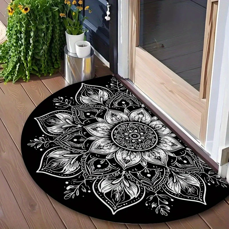 VIKAMA Tapis d'entrée semi-circulaire Mandala, résistant à l'usure, résistant à la saleté, antidérapant, pour l'intérieur et l'extérieur, décoration de la maison