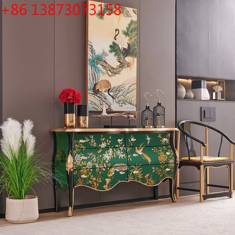 

2026 new French retro olive emerald painted Chinese solid wood porch cabinet